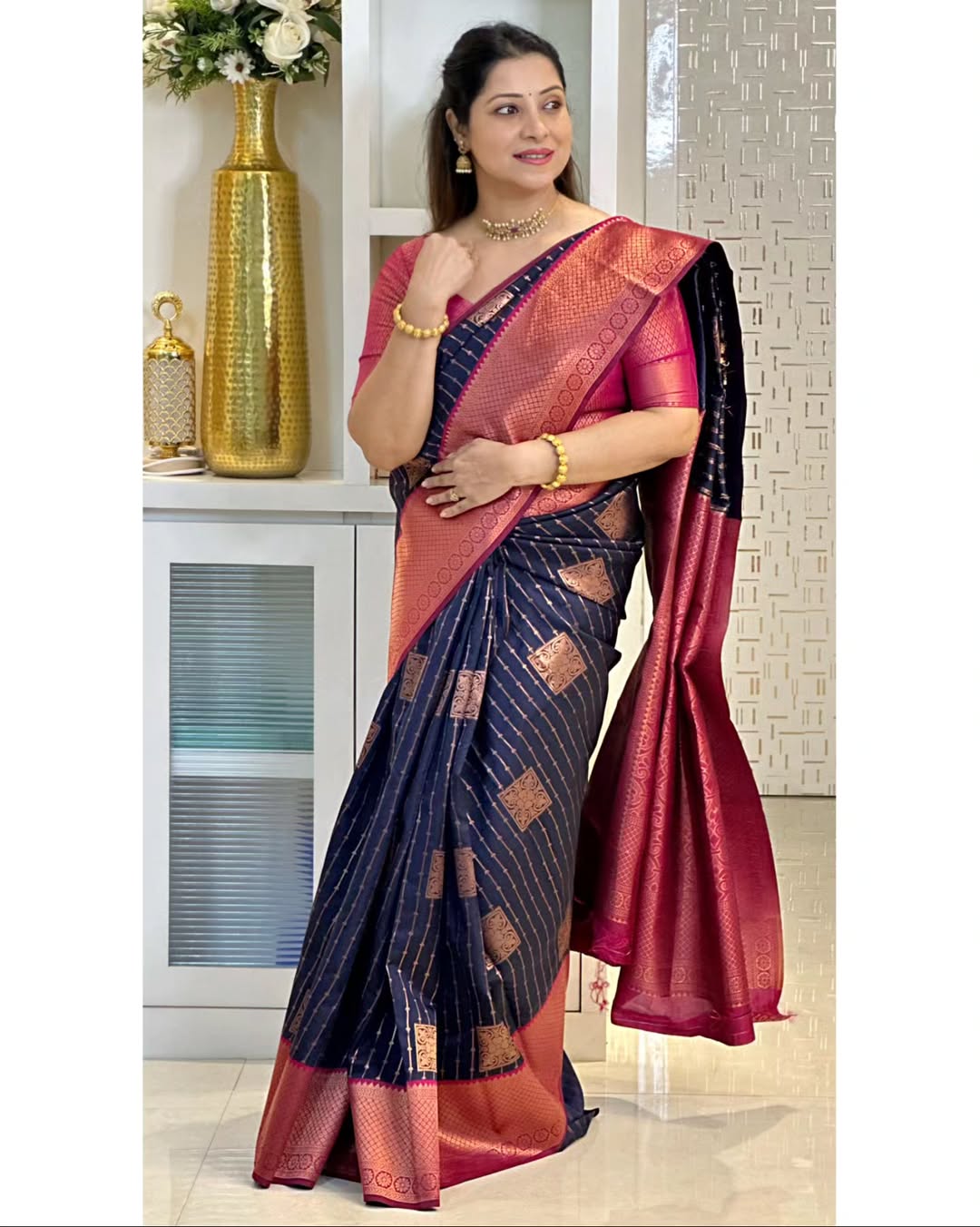 Evocative Navy Blue Soft Silk Saree With Scintilla Blouse Piece