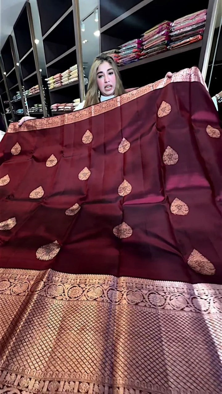 Elegant Wine Soft Banarasi Silk Saree With Flattering Blouse Piece