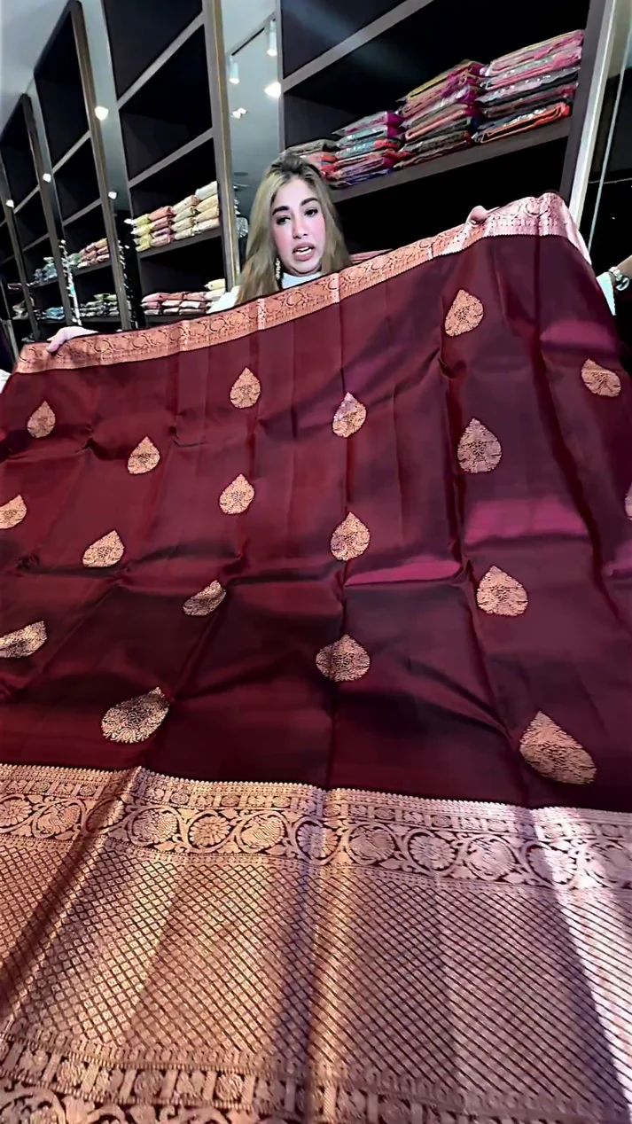 Elegant Wine Soft Banarasi Silk Saree With Flattering Blouse Piece