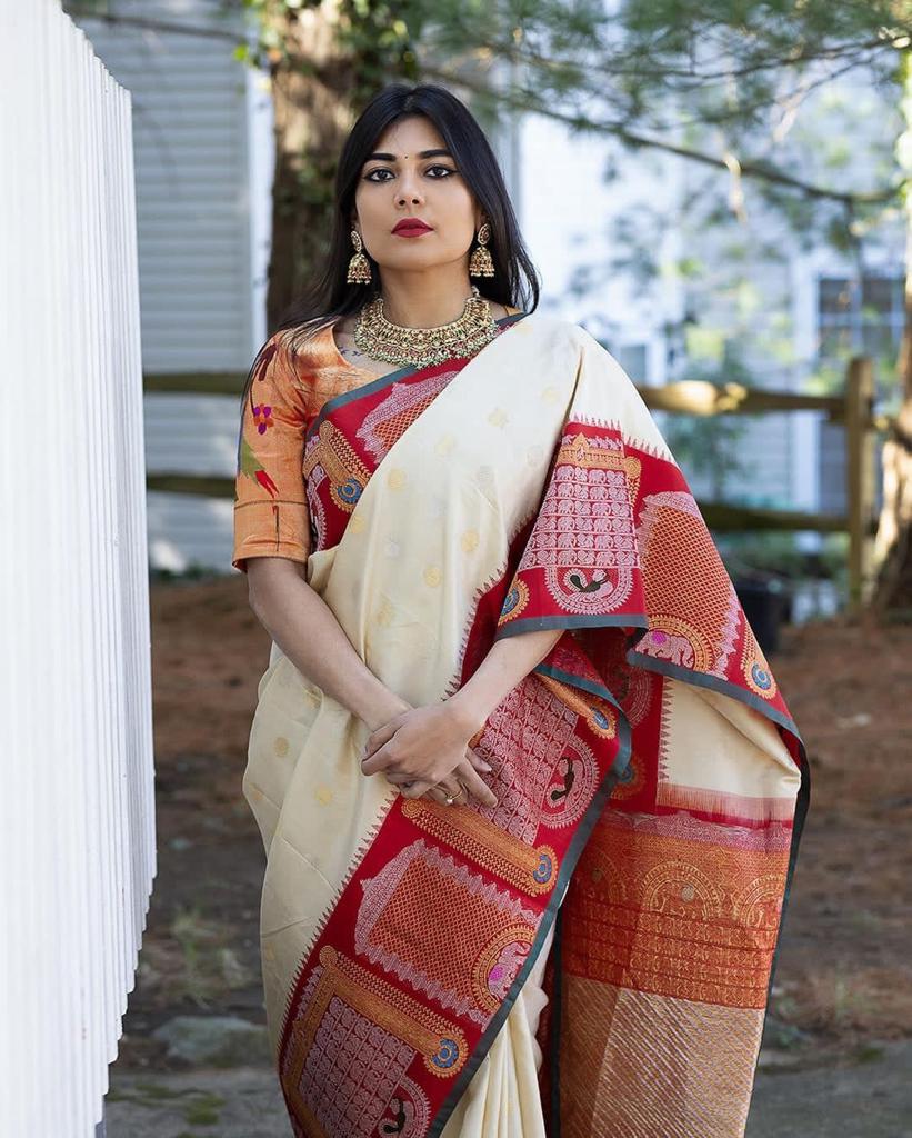Evocative Off White Soft Banarasi Silk Saree With Exuberant Blouse Piece