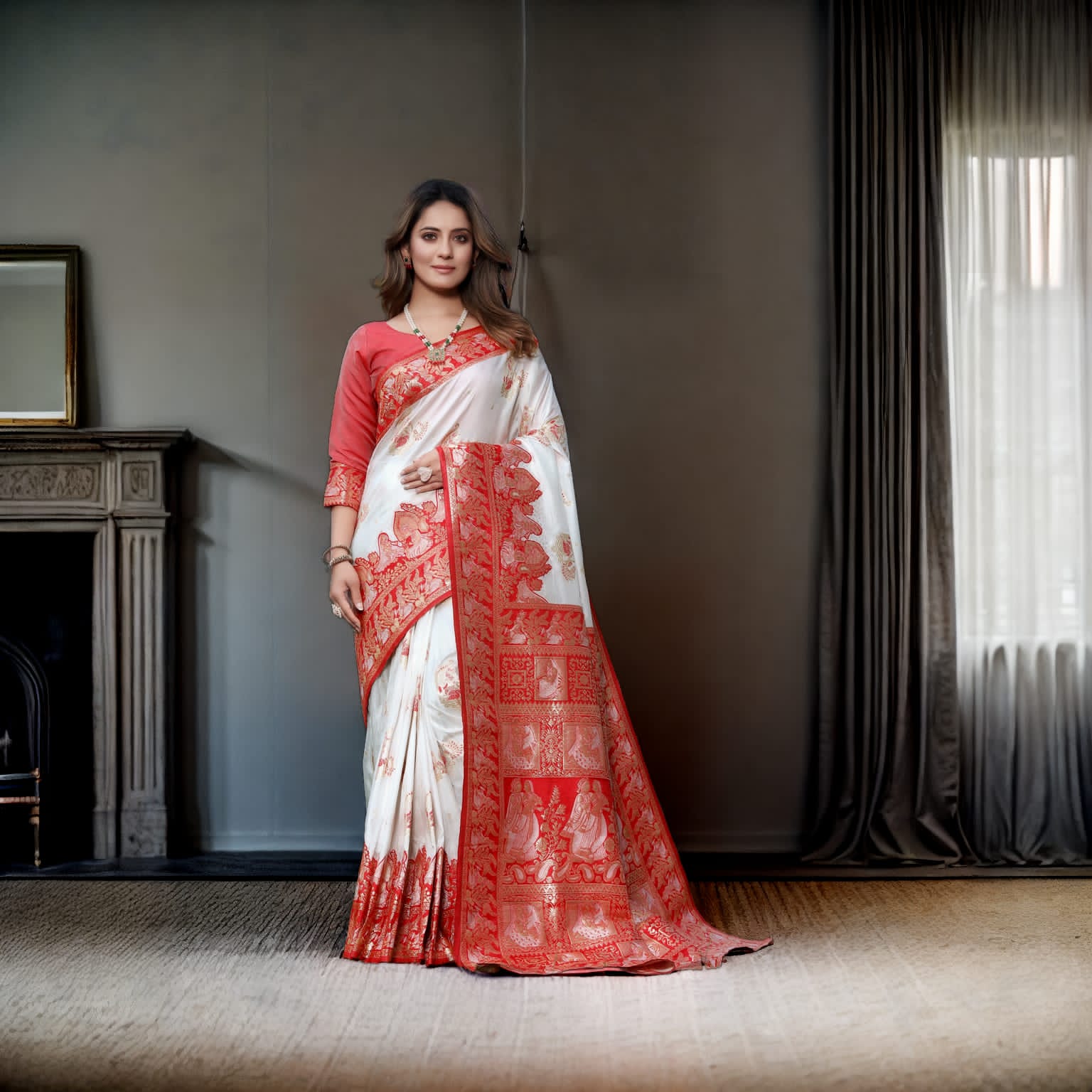 Sumptuous White Soft Banarasi Silk Saree With Staring Blouse Piece