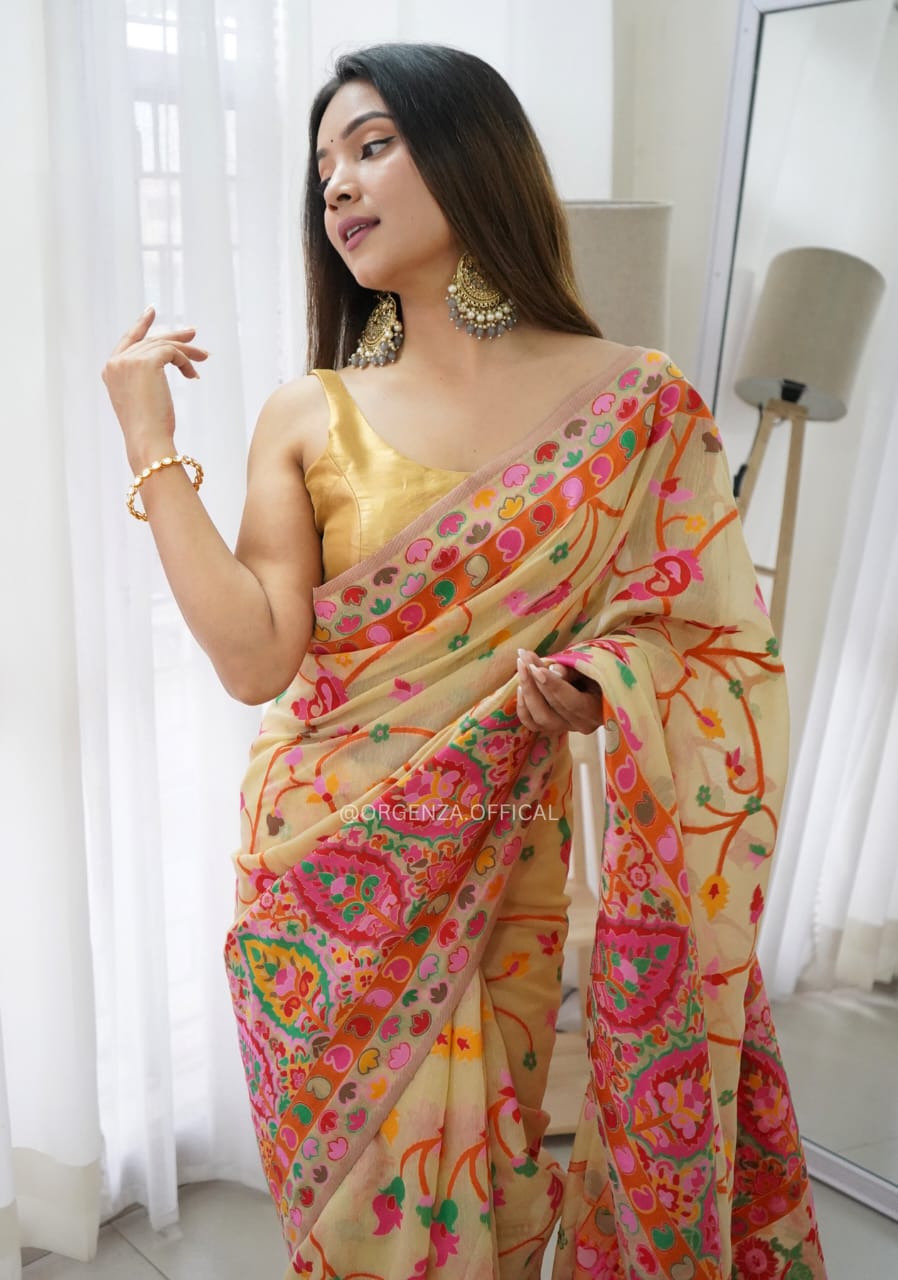 Lissome  Light Yellow Pashmina saree With Incomparable Blouse Piece