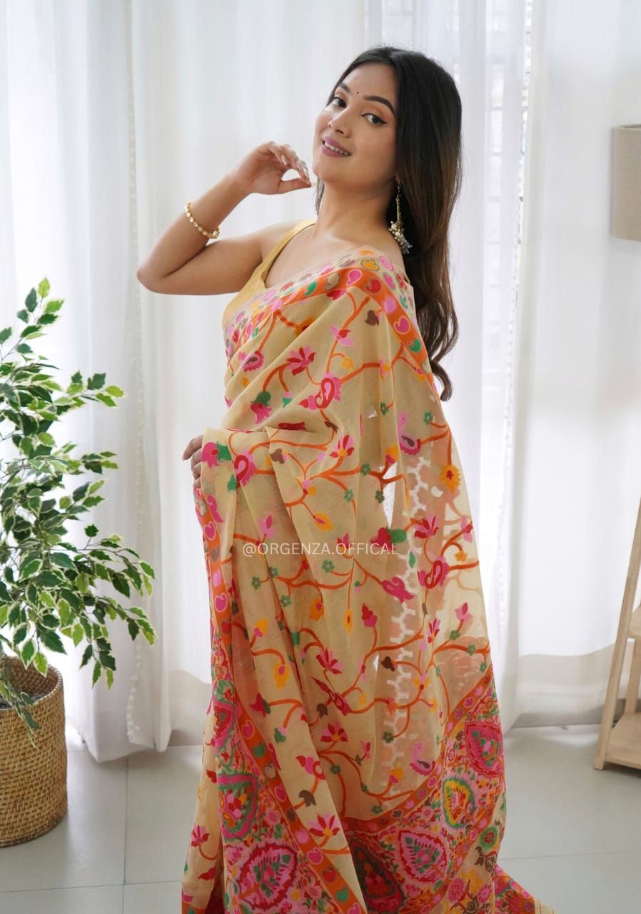 Lissome  Light Yellow Pashmina saree With Incomparable Blouse Piece