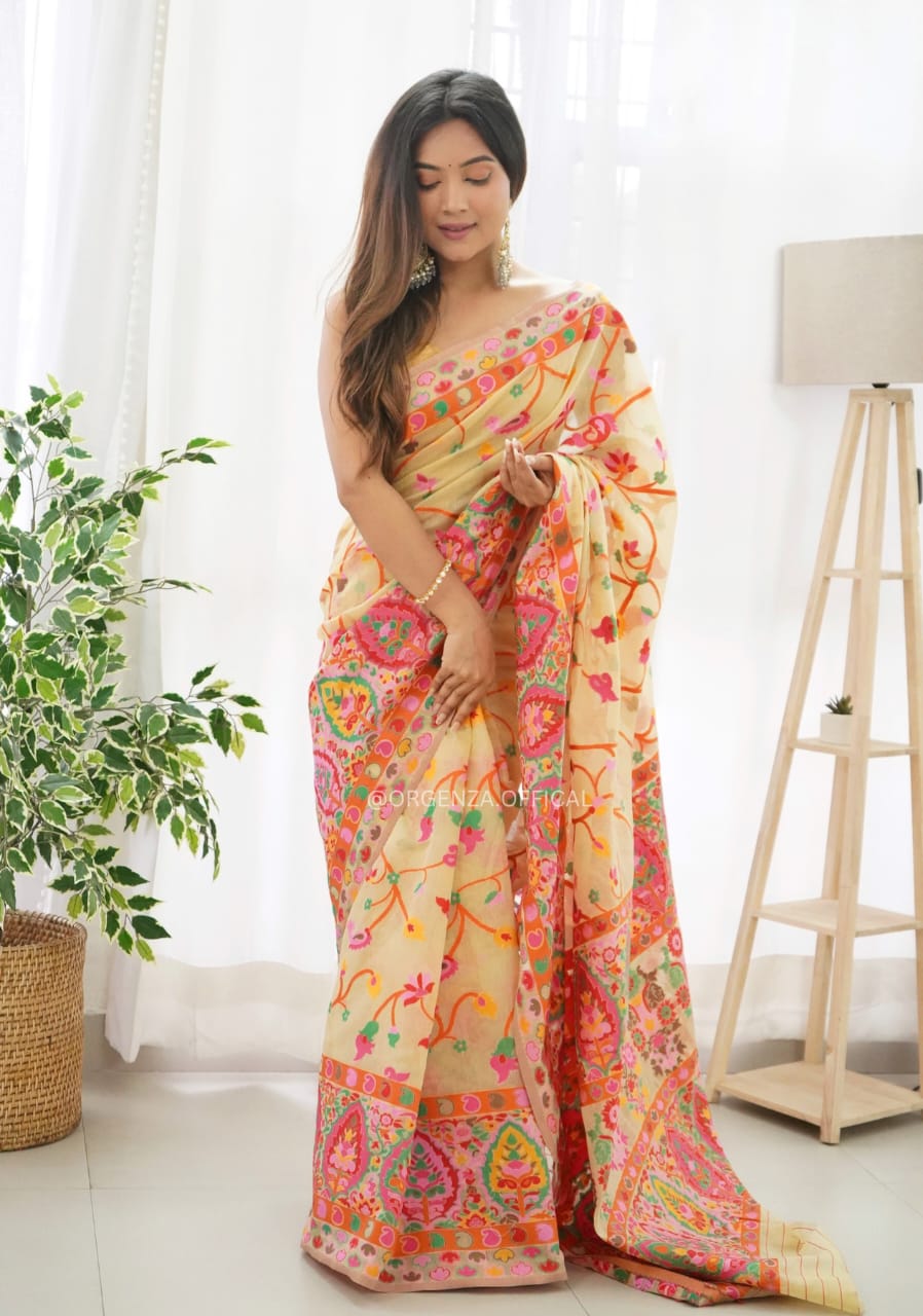 Lissome  Light Yellow Pashmina saree With Incomparable Blouse Piece