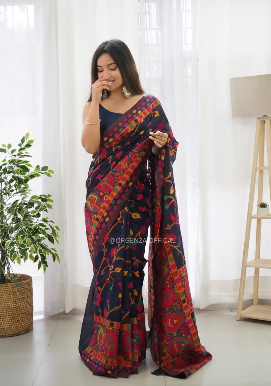 Ephemeral Navy Blue Pashmina saree With Jazzy Blouse Piece
