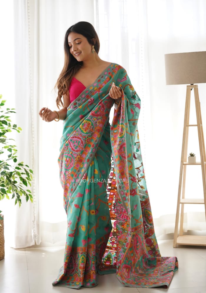 Desultory Rama Pashmina saree With Improbable Blouse Piece