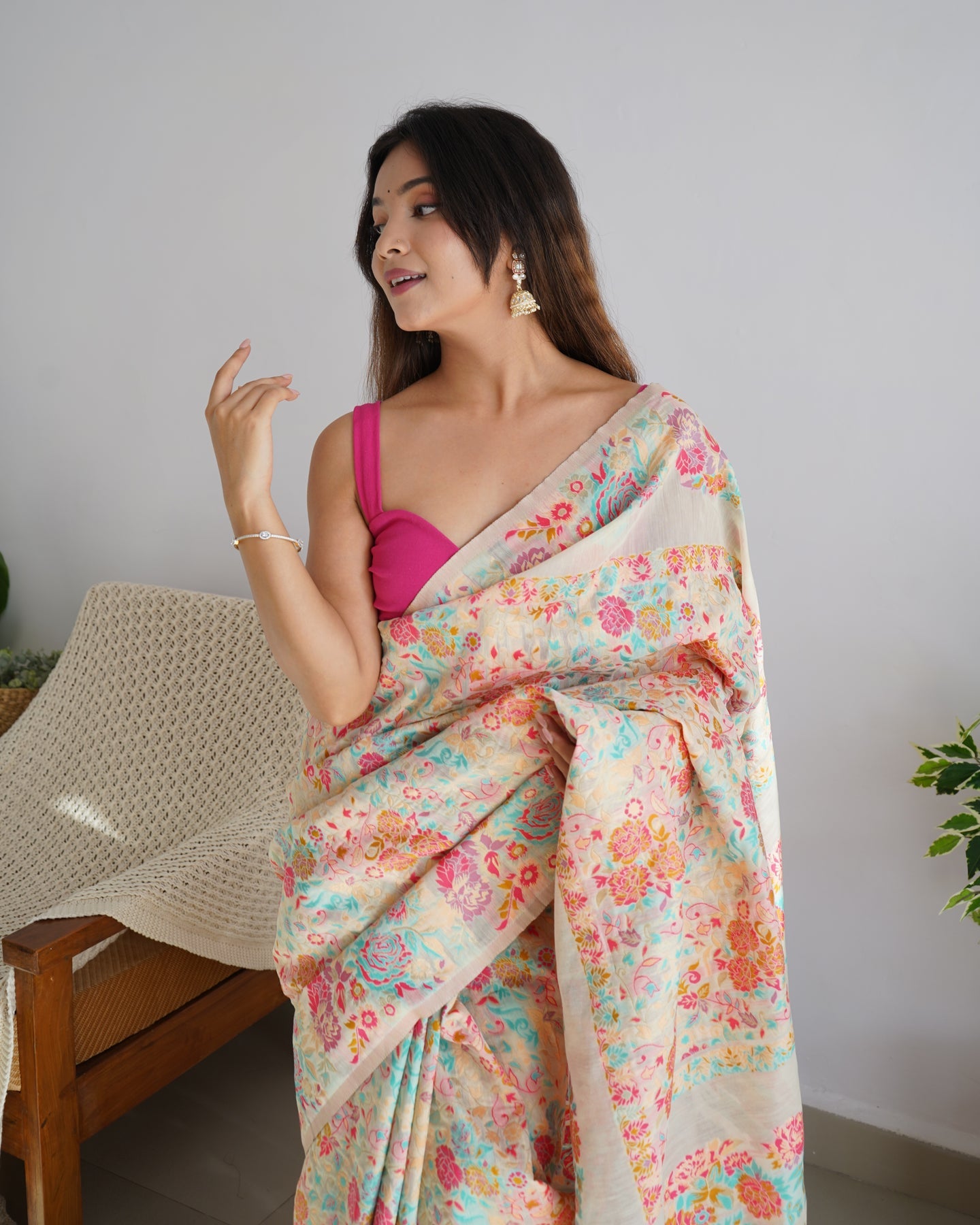 Beauteous Beige Pashmina saree With Splendorous Blouse Piece