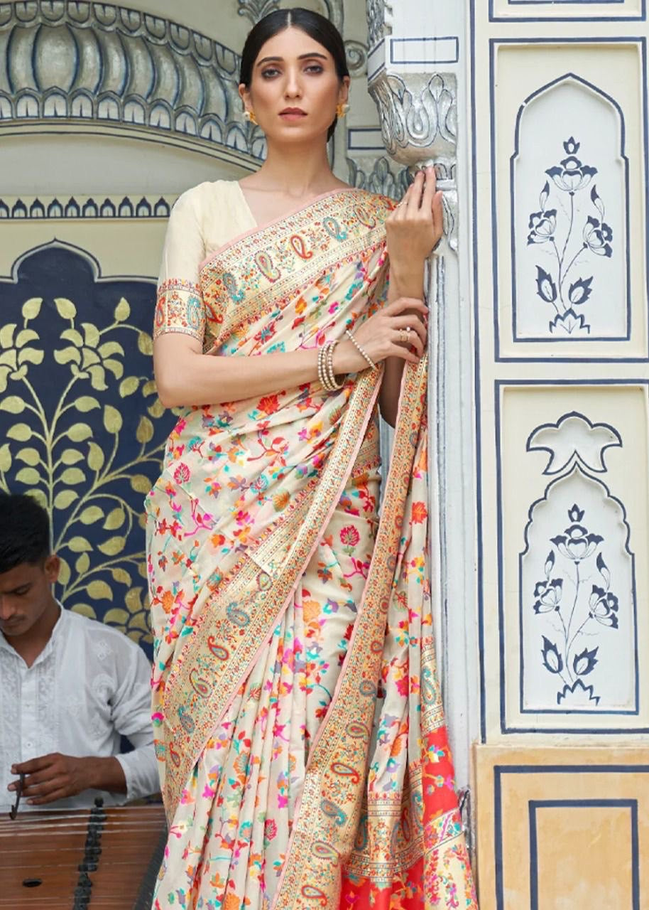 Stylish Cream Banarasi Silk Saree With Gleaming Blouse Piece