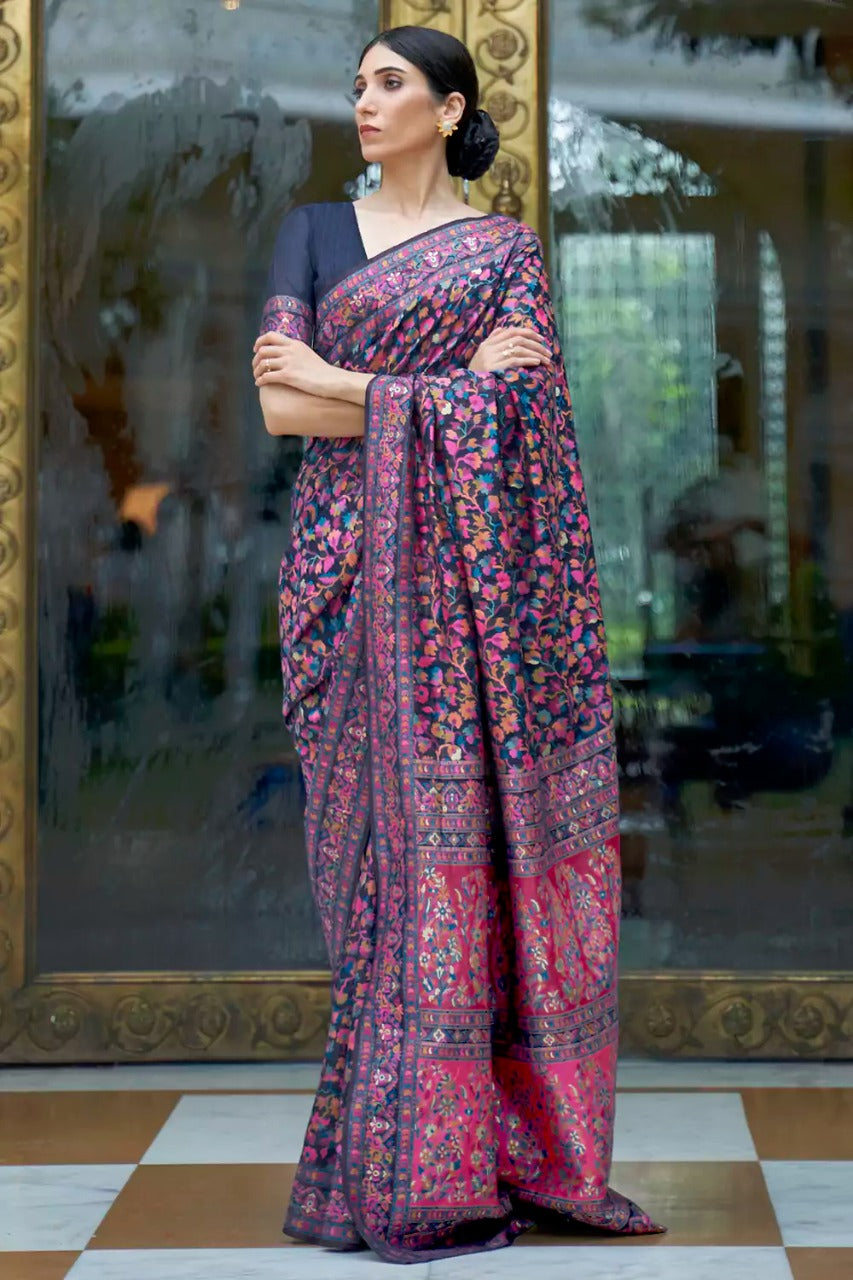 Adorable Dark Blue  Banarasi Silk Saree With Exceptional Blouse Piece