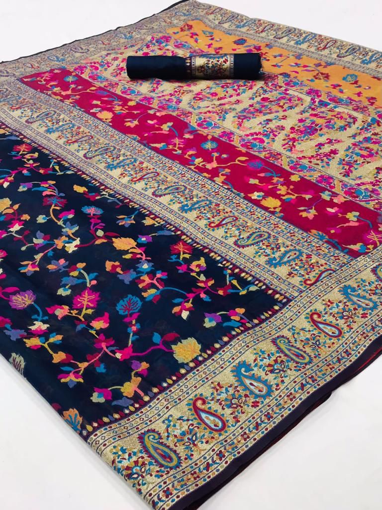 Adorable Dark Blue  Banarasi Silk Saree With Exceptional Blouse Piece