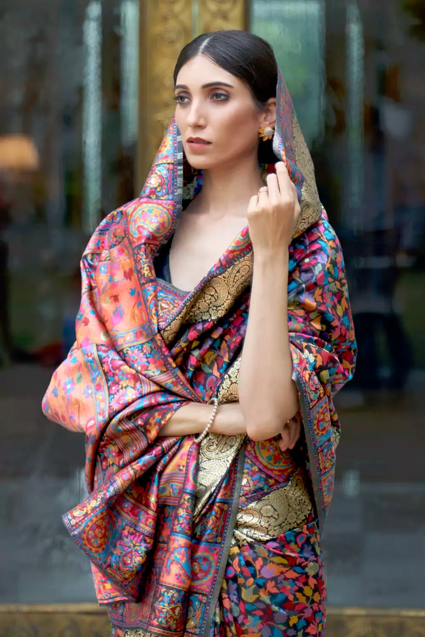 Adorable Dark Blue  Banarasi Silk Saree With Exceptional Blouse Piece