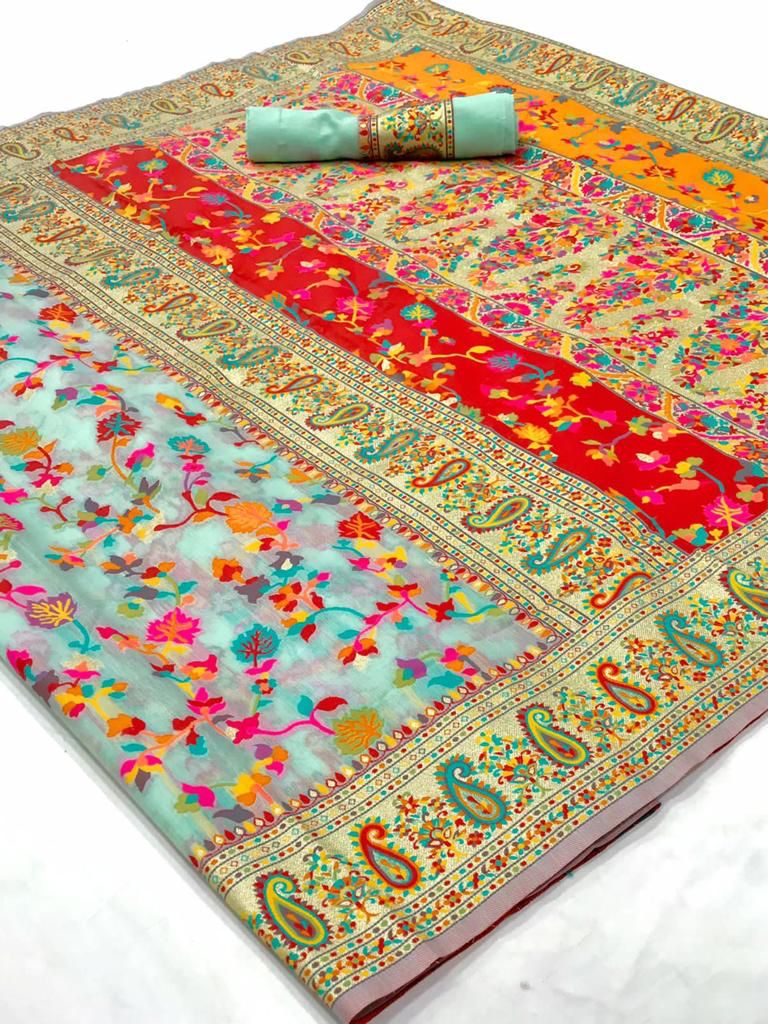Exceptional Pista Banarasi Silk Saree With Gleaming Blouse Piece