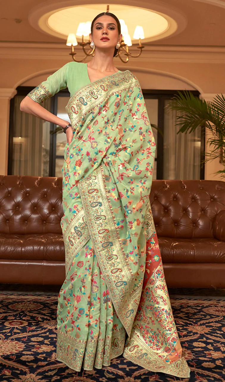 Exceptional Pista Banarasi Silk Saree With Gleaming Blouse Piece