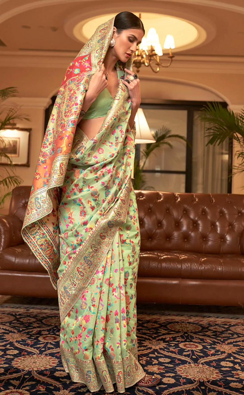 Exceptional Pista Banarasi Silk Saree With Gleaming Blouse Piece