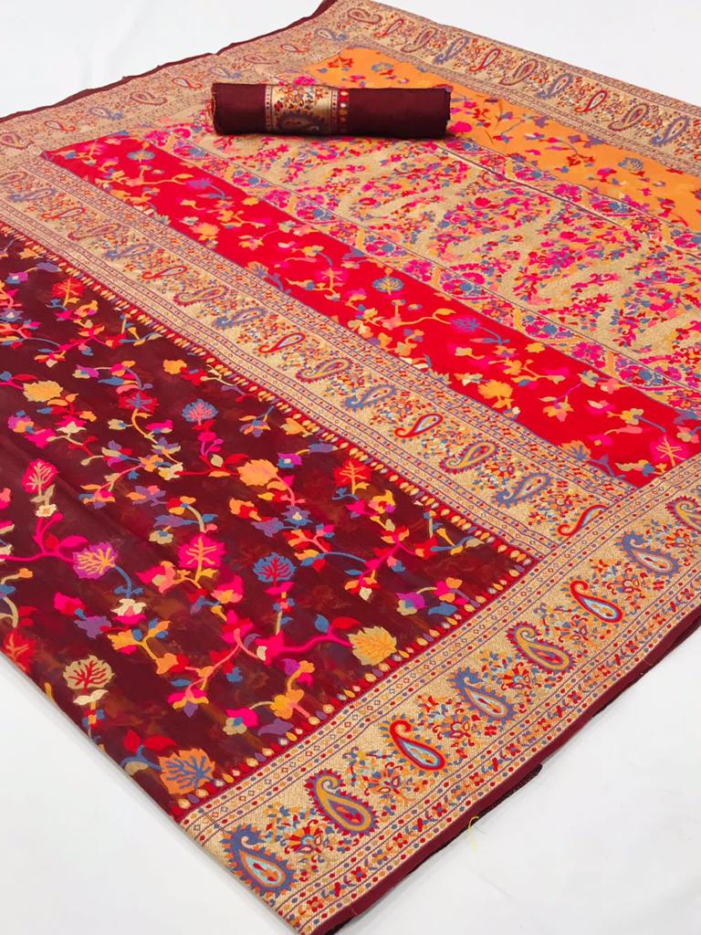 Gleaming Red Banarasi Silk Saree With Exceptional Blouse Piece