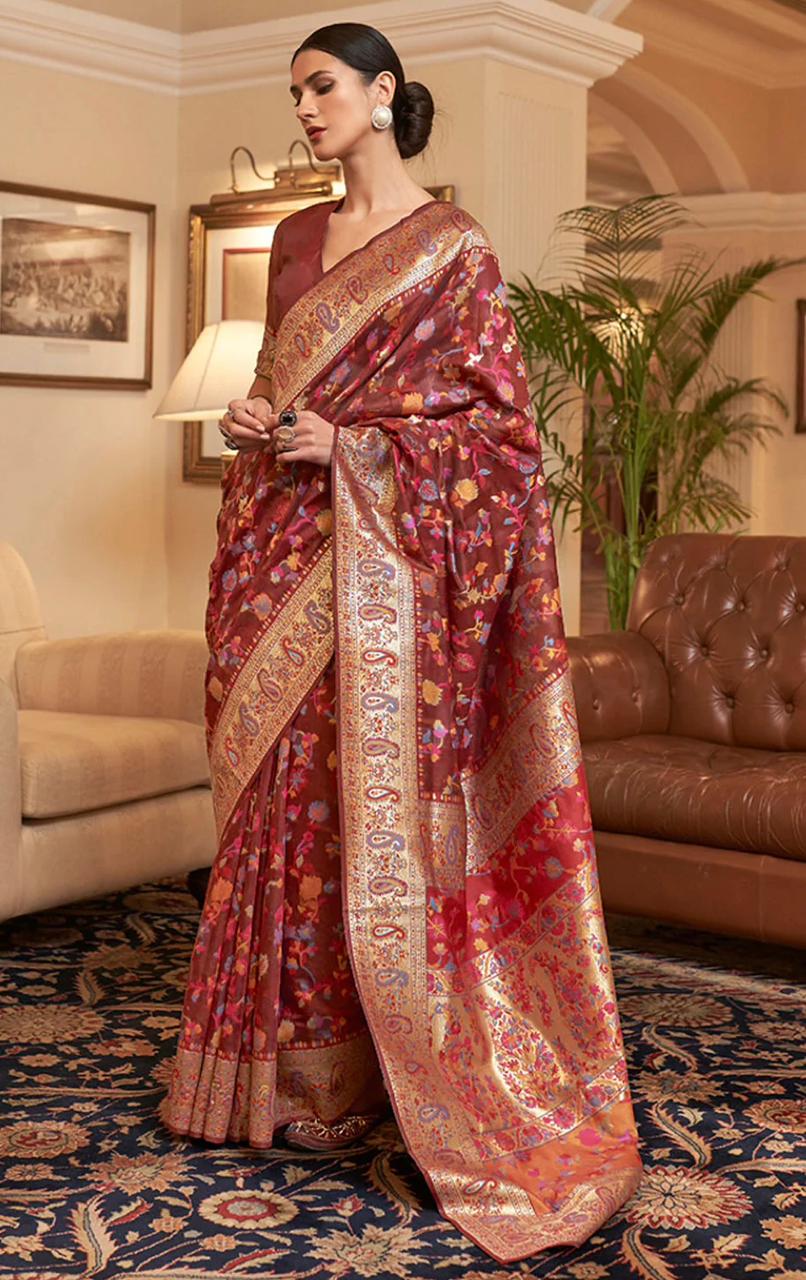 Gleaming Red Banarasi Silk Saree With Exceptional Blouse Piece
