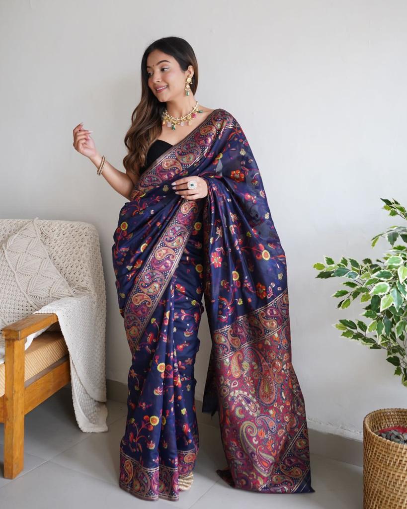 Elegant Blue Banarasi Silk Saree With Adorning Blouse Piece