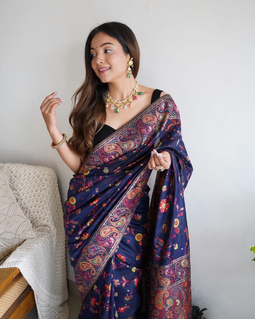 Elegant Blue Banarasi Silk Saree With Adorning Blouse Piece