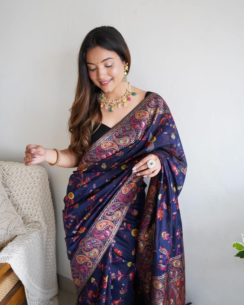 Elegant Blue Banarasi Silk Saree With Adorning Blouse Piece