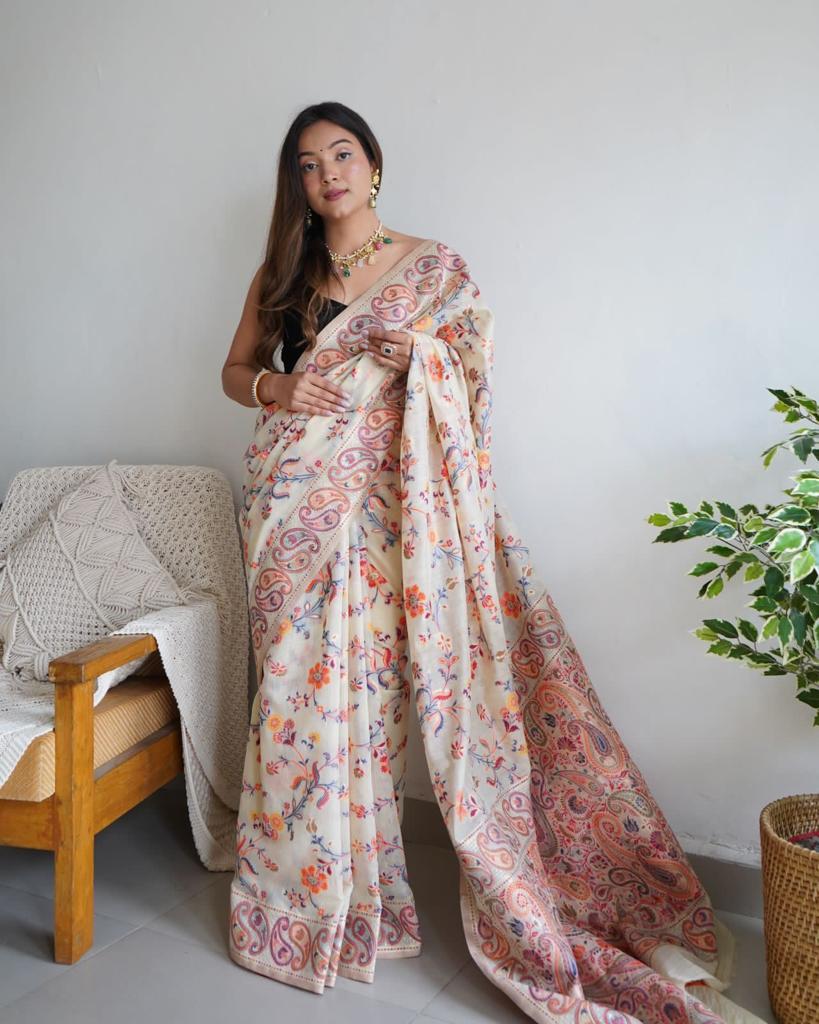 Stylish Cream Banarasi Silk Saree With Gleaming Blouse Piece