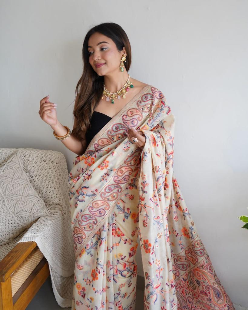 Stylish Cream Banarasi Silk Saree With Gleaming Blouse Piece