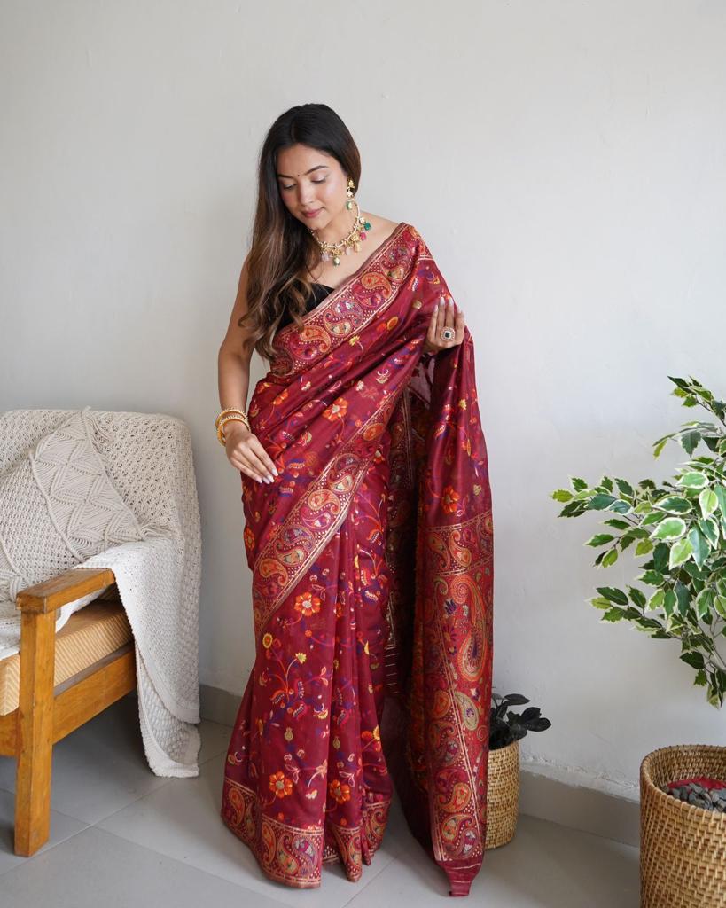 Adorable Maroon Banarasi Silk Saree With Exceptional Blouse Piece
