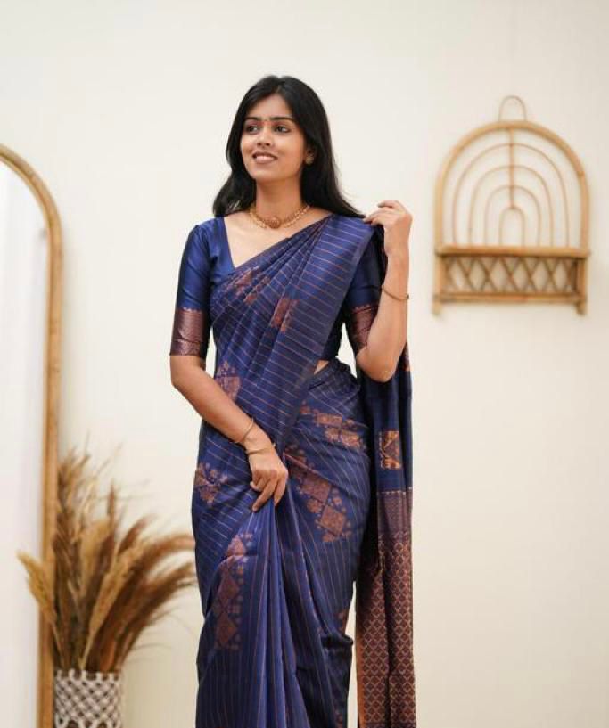 Delightful  Blue Soft Banarasi Silk Saree With Prettiest Blouse Piece