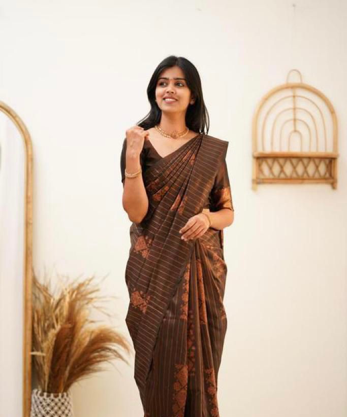 Adorning Brown  Soft Banarasi Silk Saree With Gratifying Blouse Piece
