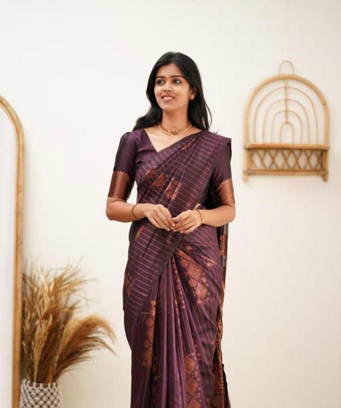 Exquisite Wine Soft Banarasi Silk Saree With Adoring Blouse Piece