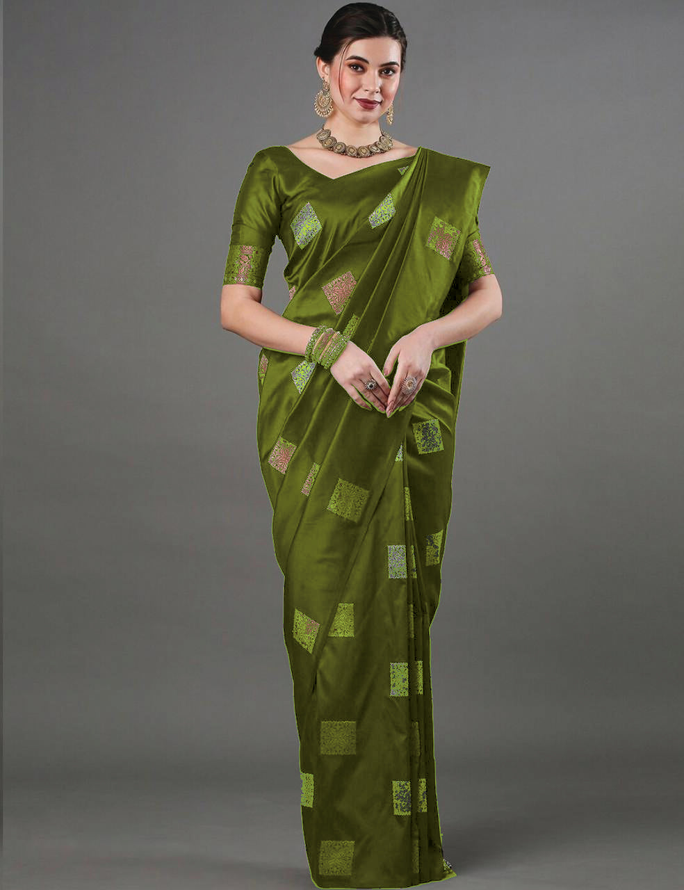 Charming Mahendi Soft Banarasi Silk Saree With Attractive Blouse Piece