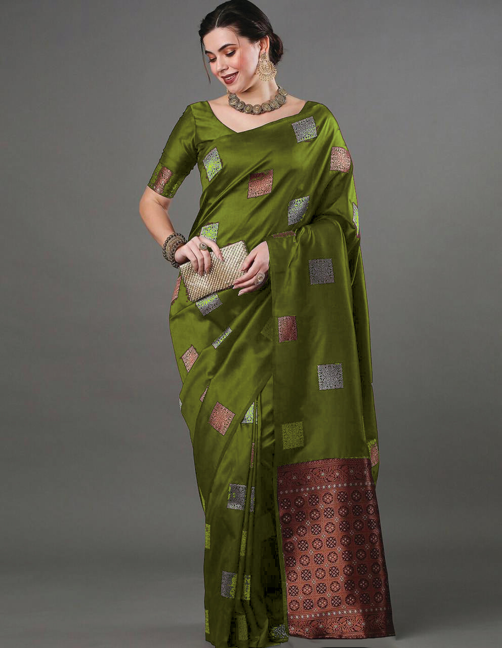 Charming Mahendi Soft Banarasi Silk Saree With Attractive Blouse Piece