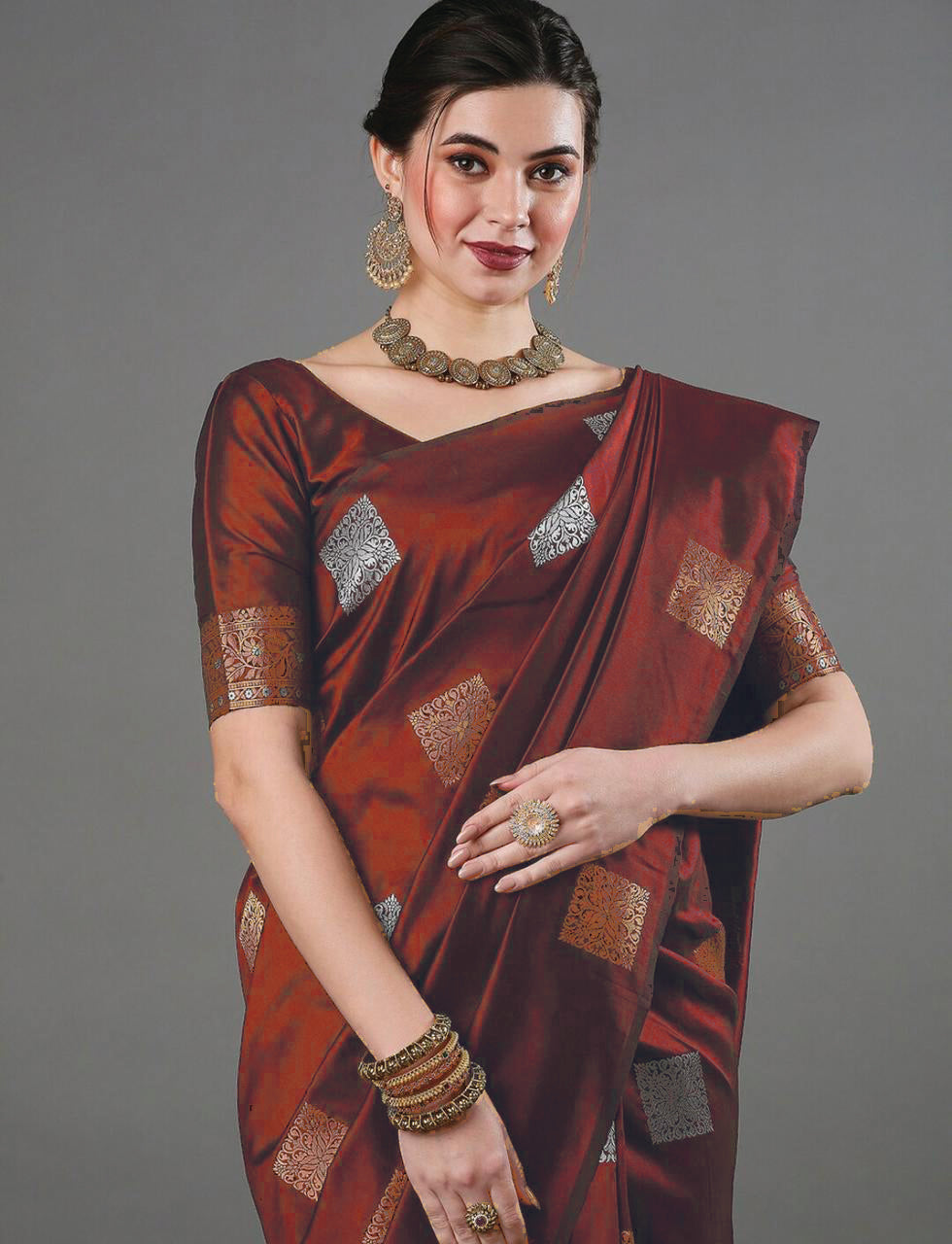 Sophisticated Maroon Soft Banarasi Silk Saree With Serendipity Blouse Piece