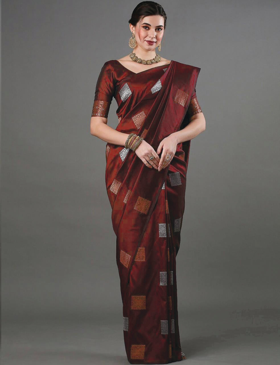 Sophisticated Maroon Soft Banarasi Silk Saree With Serendipity Blouse Piece