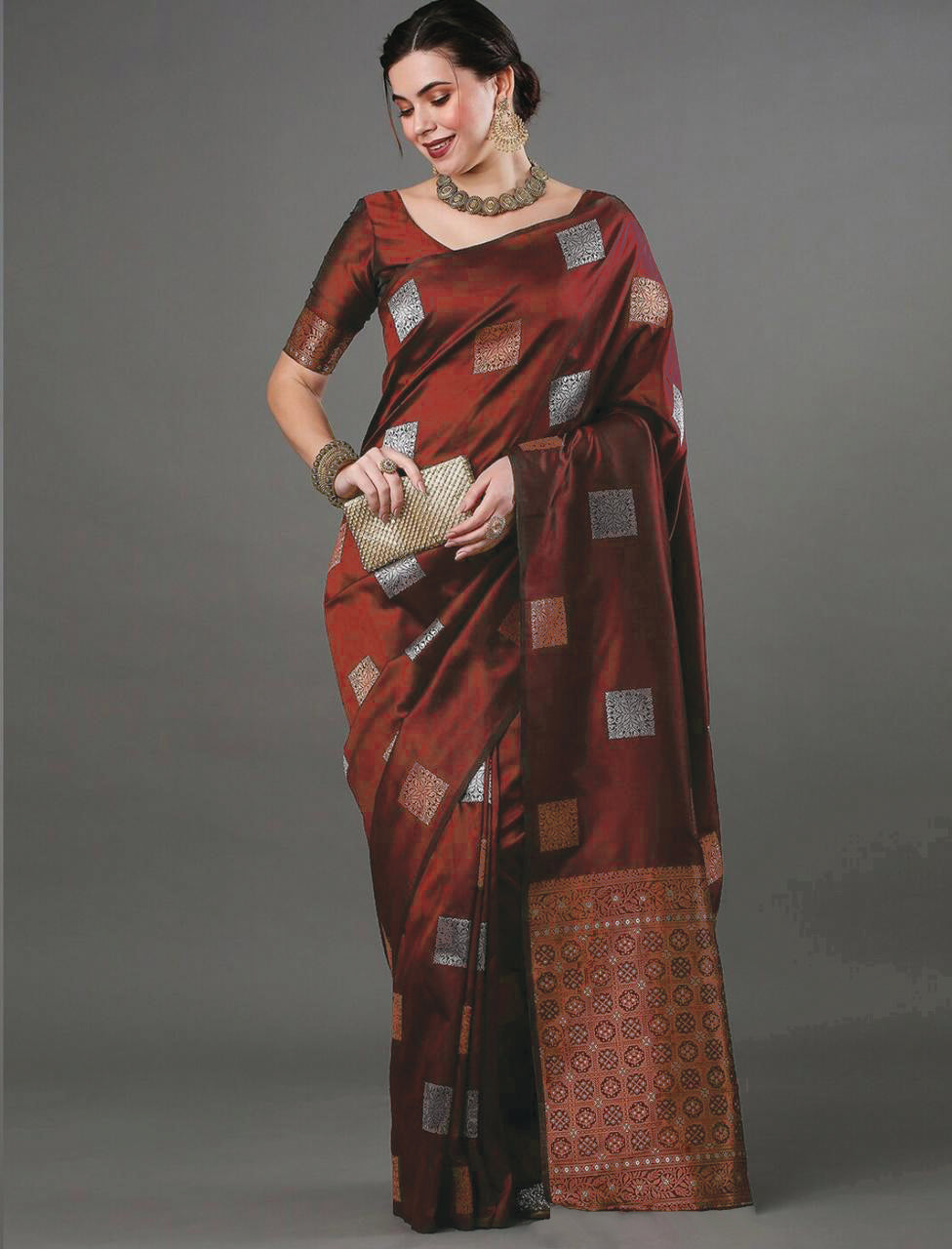 Sophisticated Maroon Soft Banarasi Silk Saree With Serendipity Blouse Piece