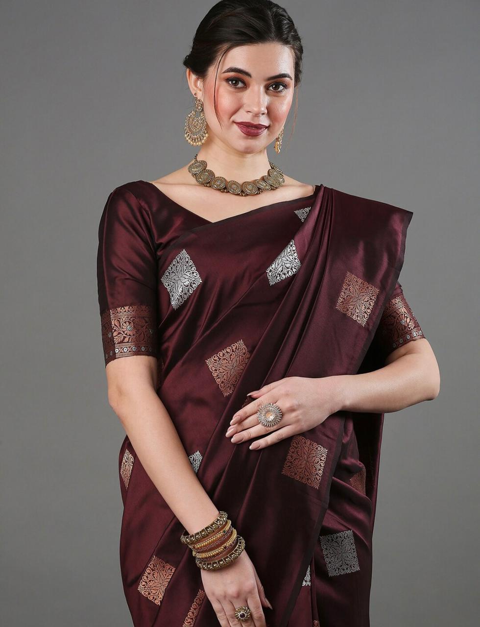 Felicitous Wine Soft Banarasi Silk Saree With Brood Blouse Piece