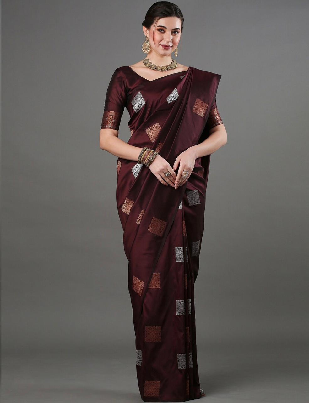 Felicitous Wine Soft Banarasi Silk Saree With Brood Blouse Piece