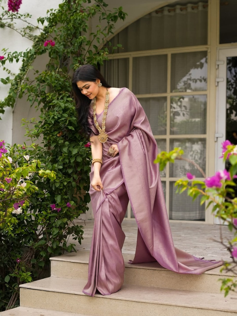 Prettiest Lavender Soft Silk Saree With Delectable Blouse Piece