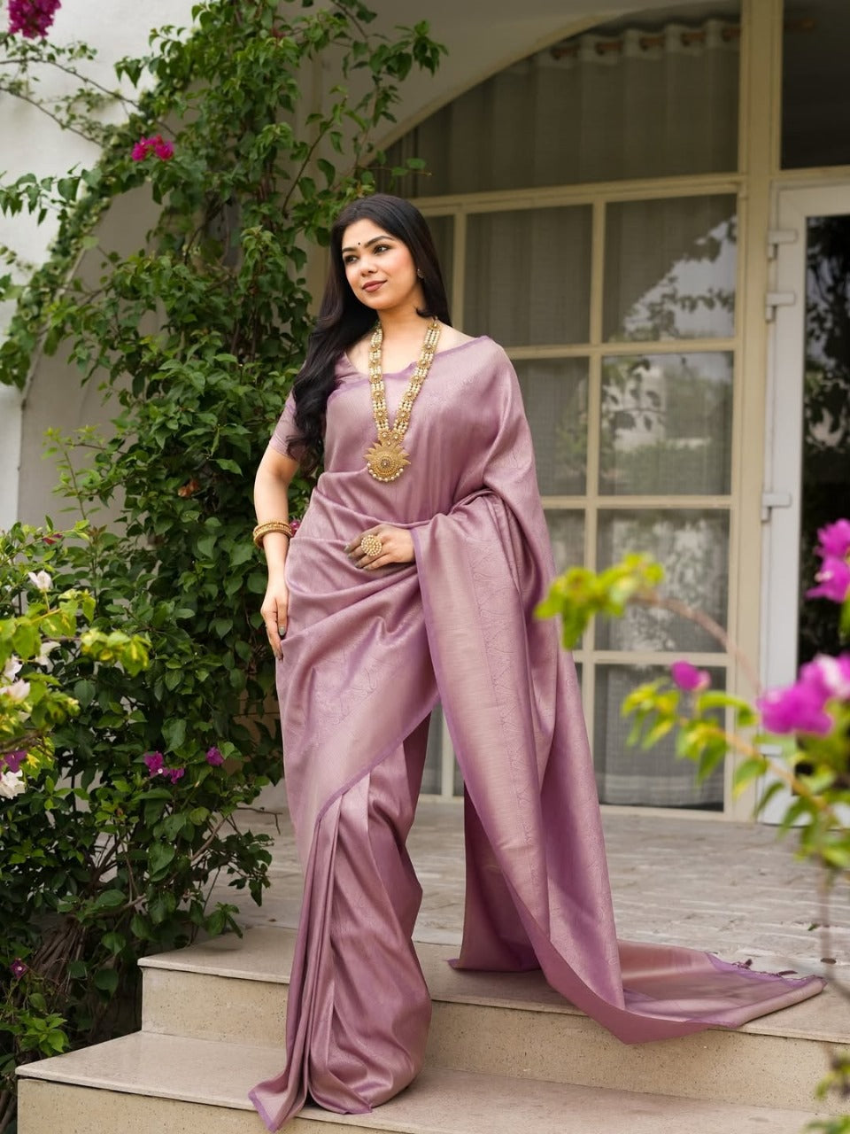 Prettiest Lavender Soft Silk Saree With Delectable Blouse Piece