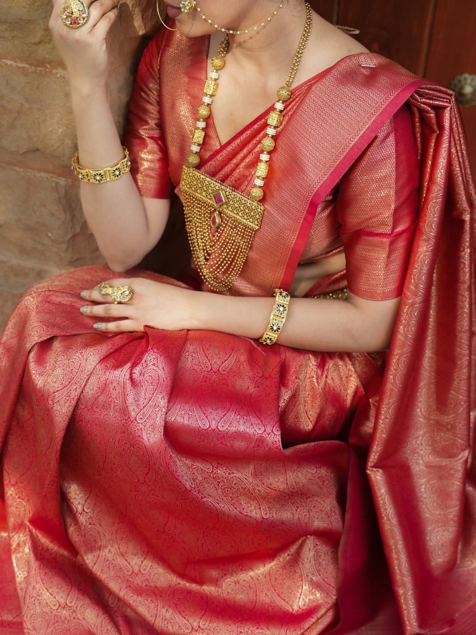 Prettiest Red  Soft Silk Saree With Delectable Blouse Piece
