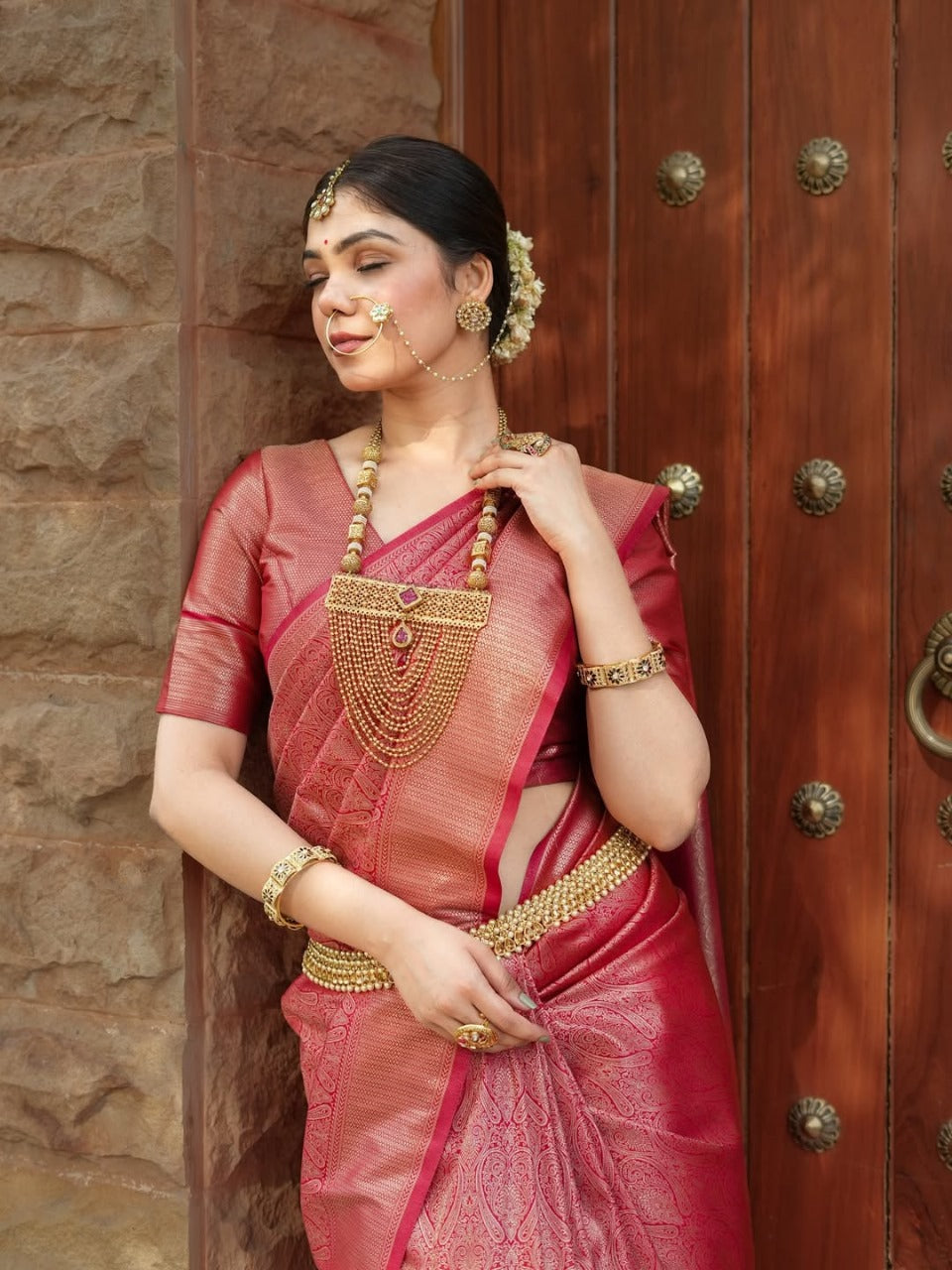 Prettiest Red  Soft Silk Saree With Delectable Blouse Piece