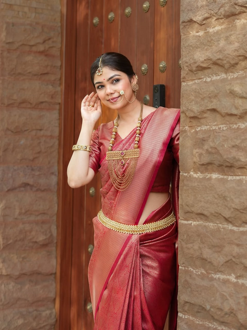 Prettiest Red  Soft Silk Saree With Delectable Blouse Piece