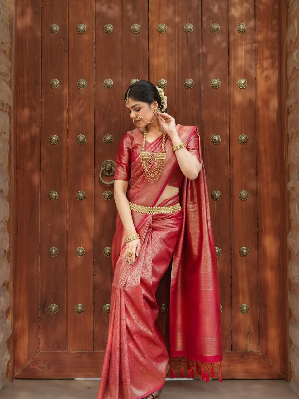Prettiest Red  Soft Silk Saree With Delectable Blouse Piece