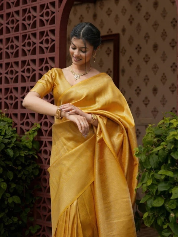 Prettiest Yellow Soft Silk Saree With Delectable Blouse Piece
