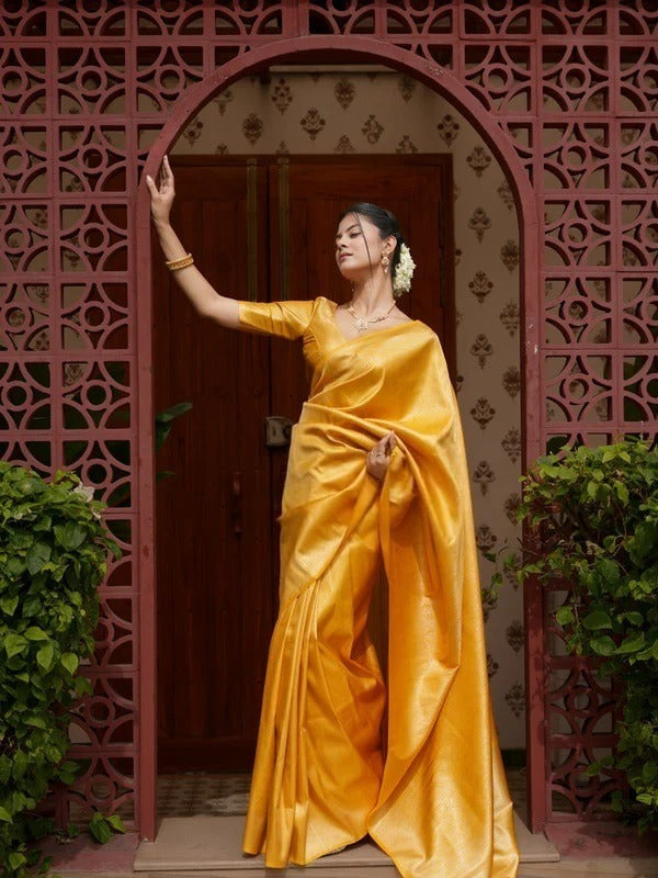 Prettiest Yellow Soft Silk Saree With Delectable Blouse Piece