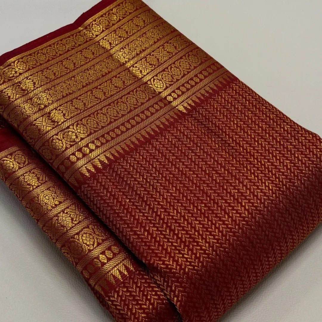 Designer Red Soft Banarasi Silk Saree With Impressive Blouse Piece