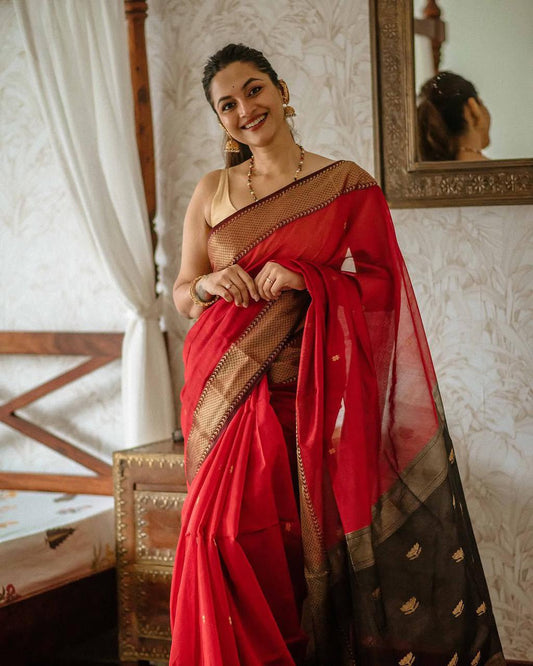 Supernal Red Cotton Silk Saree With Beleaguer Blouse Piece