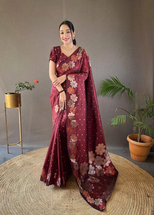 Energetic Maroon Soft Banarasi Silk Saree With Capricious Blouse Piece