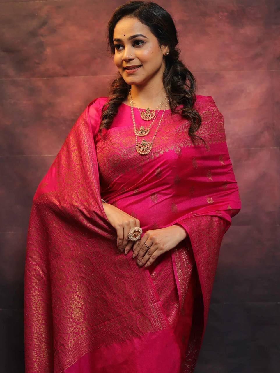 Quintessential Pink Soft Silk Saree With Divine Blouse Piece