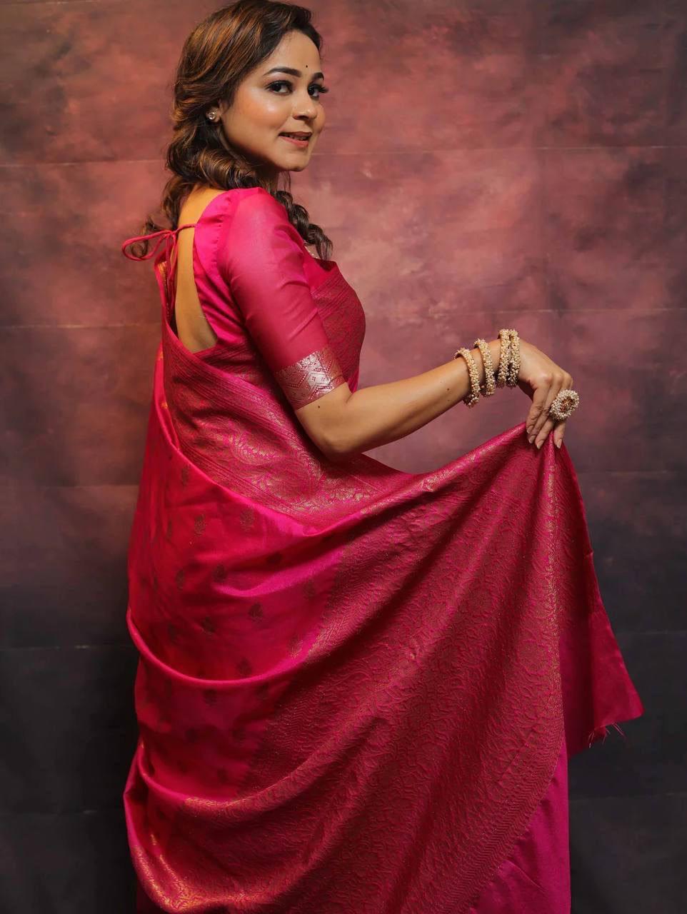 Quintessential Pink Soft Silk Saree With Divine Blouse Piece