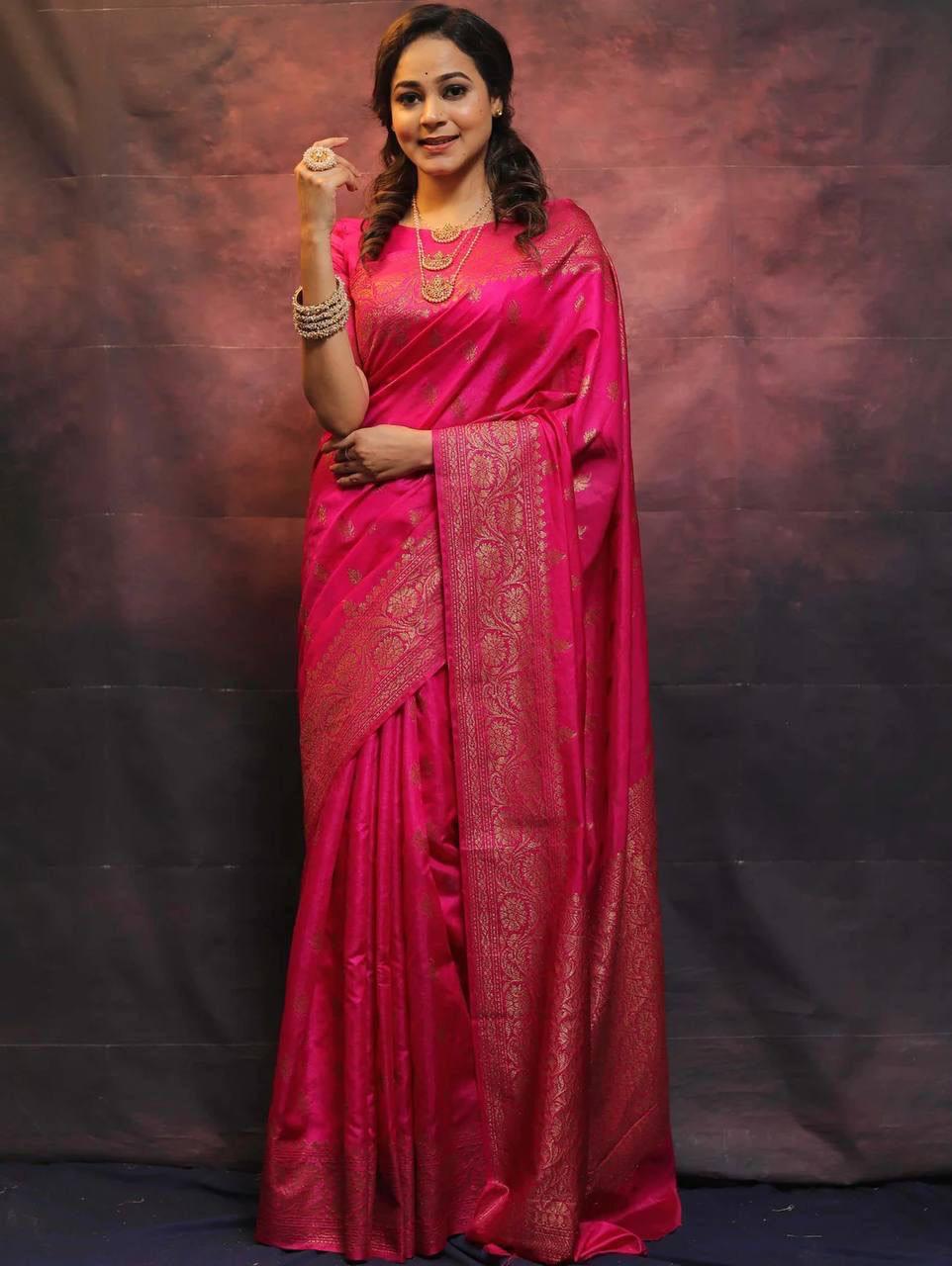 Quintessential Pink Soft Silk Saree With Divine Blouse Piece